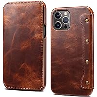 Flip Phone Case Holster, Oil Wax Cowhide Shockproof Folio Cover Wallet [Card Holder] for Apple iPhone 14 Pro Max (2022) 6.7 Inch (Color : Brown)