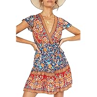 ZESICA Women's 2024 Summer Wrap V Neck Bohemian Floral Print Ruffle Swing A Line Beach Mini Dress