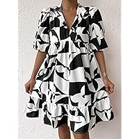 Women's Dress Allover Print Puff Sleeve Ruffle Hem Smock Dress Women's dressEVEBABY (Color : Black and White, Size : Small)
