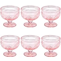 Vintage Glass Dessert Bowls Set of 6-11.5 oz Pink Embossed Glass Ice Cream Bowls for Salad, Candy Cake, Fruit,Trifle,Cocktail