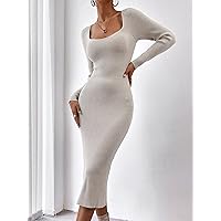 Sweater Dress for Women Square Neck Raglan Sleeve Slit Back Sweater Dress Without Belt Sweater Dress for Women (Color : Apricot, Size : X-Small)