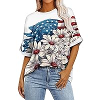 4th of July Tops for Women Patriotic Shirts for Women 2024 American Print Vintage Fashion Loose Fit with Short Sleeve Round Neck Blouses Sky Blue Large