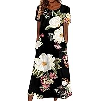 Tshirt Dress for Women 2024 Casual Plus Size Summer Midi Dress Boho Floral Print Loose Flowy Long Dresses with Pockets
