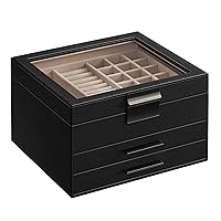 Jewelry Box with Glass Lid, 3-Layer Jewelry Organizer, 2 Drawers, for Big and Small Jewelry, Jewelry Storage, Mother's Day Gifts, 8 x 9.1 x 5.3 Inches, Graphite Black and Silver UJBC239BK
