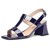 Women's Evening Slingback Patent Square Open Toe Solid Dress Chunky Mid Heel Heeled Sandals 2.5 Inch
