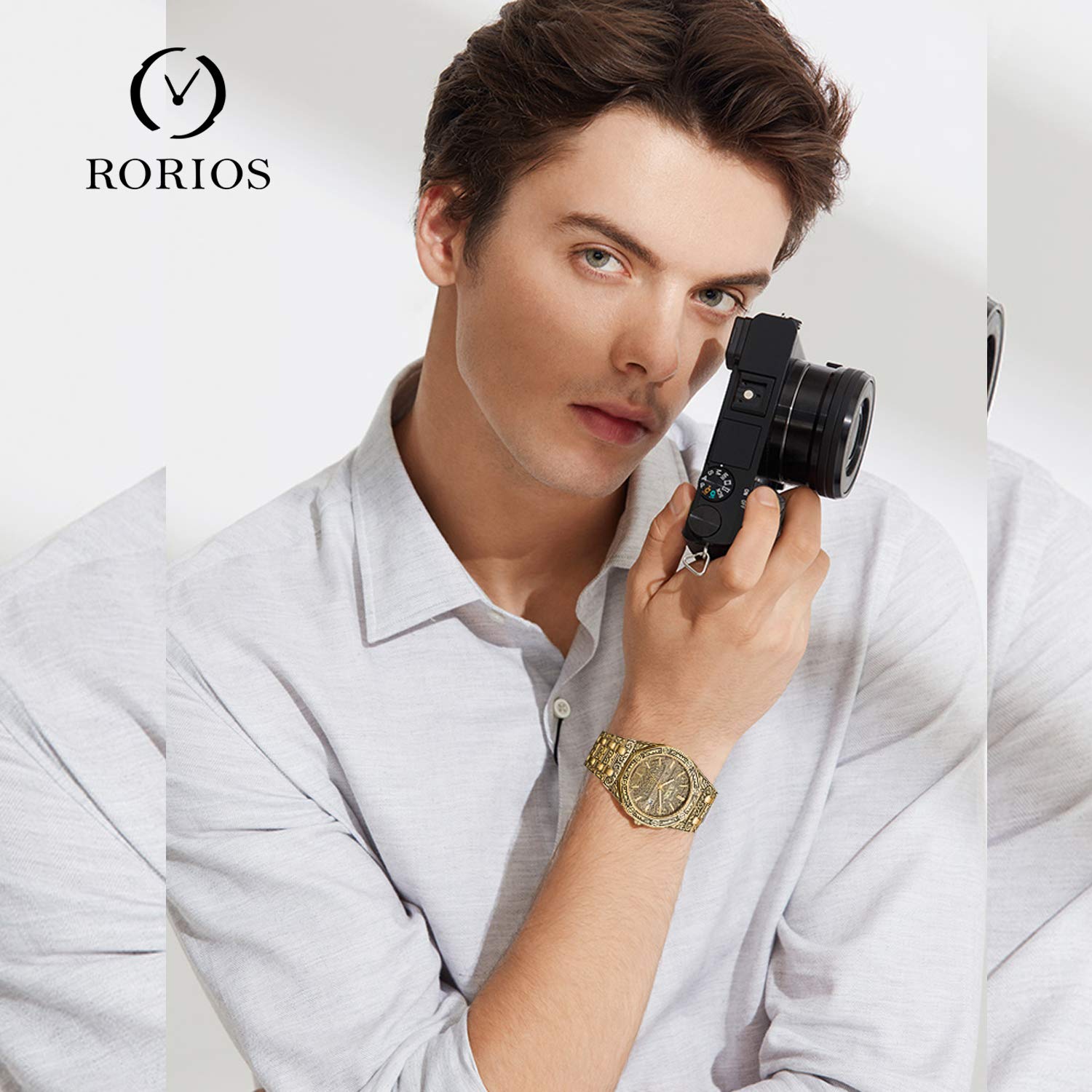 rorios Retro Herren Uhren Mode Analog Quarz Armbanduhren mit Kalender Edelstahlband Graviert Männer Armbanduhr