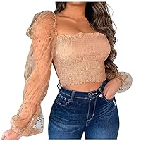 XJYIOEWT Womens Tops with Zipper Women Fashion Sexy Off-Shoulder Solid Slim Patchwork Puff Sleeve Tops Blouse Walking T