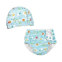 i play. by green sprouts Baby Snap Reusable Absorbent Diaper + Swim Cap Set, Light Aqua Sea Friends, 12 Months