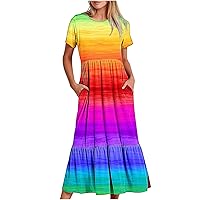 2024 Women's Summer Colorful Dress Casual Short Sleeve Crewneck Ruffle Hem A-Line Dress Flowy Long Beach Dresses