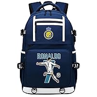Cristiano Ronaldo Lightweight Backpack-Al-Nassr FC Laptop Knapsack with USB Charger Port CR7 Canvas Bookbag