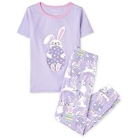 The Children's Place Girls' Easter Bunny Snug Fit 100% Cotton Short Sleeve Top and Pants 2 Piece Pajama Set