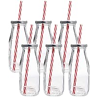 Glass Milk Bottle with Lid - Milk Glass - Reusable Glass Bottle for Dairy Milk With Straws & Metal Screw On Lids, 10.5 Ounce, Clear, Set of 6