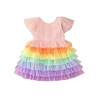 Skater Dress Fly Sleeve Princess Dress Rainbow Tie Dye Dance Party Ruffles Dresses Clothes Preemie Dress