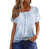 Summer Tops for Women 2024,Womens Vintage Print Button Up Crewneck Short Sleeve Shirts Loose Summer Outfits Clothes