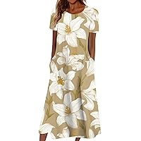 Floral Dress for Women,Summer Dress for Women Casual Printed Round Neck Short-Sleeve Beach Swing Dress