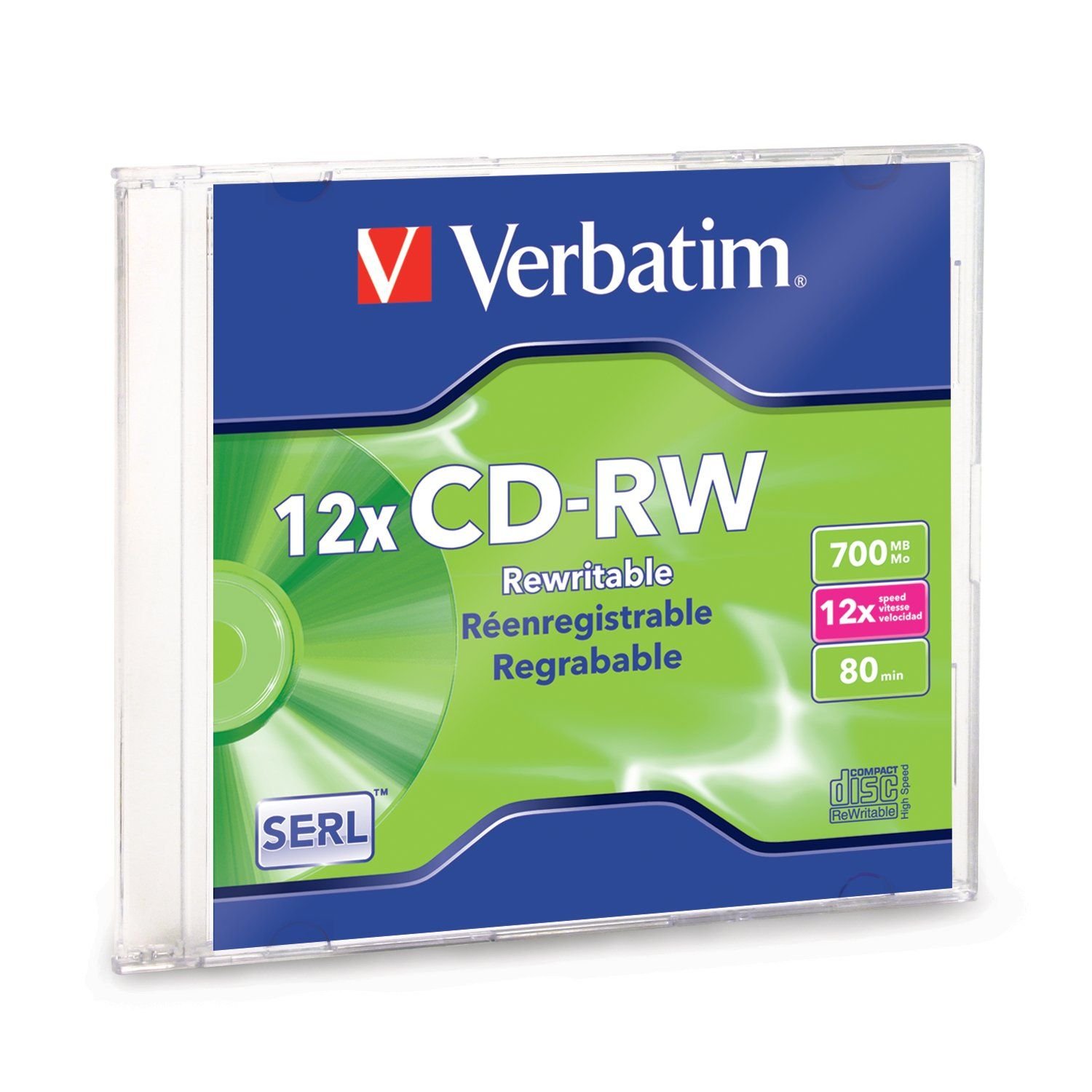 Verbatim CD RW, 4X 12X High Speed, 80 Minutes, 700MB, Branded, Slim Case, 1/Pack (VER95161) Category: CD Media