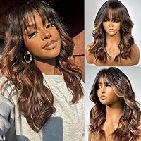 Ombre Chestnut Brown Highlights Curtain Bangs with Layered Cut Wavy 13x4 HD Invisible Lace Front Human Hair Wigs Bleached Knots For Women 150 Density Highlight Brown Loose Wave Glueless Wig 16