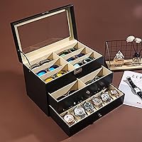 Large-Capacity Storage Glasses and Watches Box, 3-Layer 12+12-Slot Multi-Function Leather Watch Case 1217B
