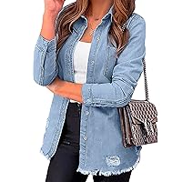 luvamia Womens Denim Jacket Distressed Button Down Jean Shirt For Women Ripped Shacket Coat