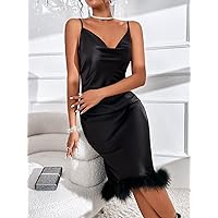 Summer Dresses for Women 2022 Draped Collar Fuzzy Trim Satin Cami Dress Dresses for Women (Color : Black, Size : X-Small)