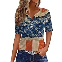 4Th of July Outfits for Women,Women's T Shirt V-Neck Short Sleeve Tee Independence Day Print Button Basic Top