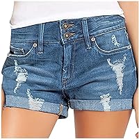 4th of July Women Star Stripe Patriotic Ripped Denim Shorts Summer Frayed Rolled Hem Stretch Button Fly Jean Shorts