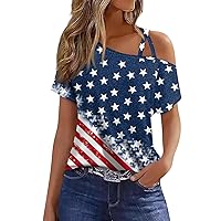 4th of July Tops for Women,USA Stars and Stripes Off The Shoulder Short Sleeve Tops,Independence Day Patriotic Shirt