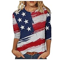 Summer Star Stripes 3/4 Sleeve Pullover Tops for Womens Round Neck 4th of July Patriotic Blouses Casual Loose Fit Shirts