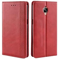 OnePlus 3T Case, OnePlus 3 Case, Retro PU Leather Wallet Flip Folio Shockproof Phone Case Cover with [Kickstand] [Card Slots] [Magnetic Closure] for One Plus 3 / OnePlus 3T (Red)