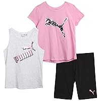PUMA Girls' Active Shorts Set - 3 Piece Performance T-Shirt, Tank Top, Bike Shorts - Summer Athletic Outfit for Girls (S-XL)