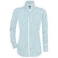 Korean V Neck Sky Blue Stripes High Open Buttonless Collar Men's Dress Shirt 100% Cotton