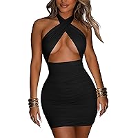 Women's Sexy Ruched Bodycon Halter Criss Cross Cut Out Backless Mini Club Party Dresses