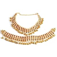 SANARA Indian Bollywood Golden Crystal & Pearl Stone Made Wedding Bridal Anklet Pair with Bells 2 pcs Bracelet Payal Foot Jewelry