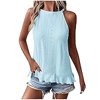 Womens Tank Tops Eyelet Embroidery Ruffle Hem Sleeveless Going Out Casual Summer Loose Shirts 2024 Fashion Clothes