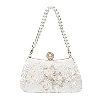 Premium Floral Lace Satin Pearl Top Handle Clutch Handbag With Detachable Chain flower wedding Bridal Bag