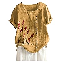 Summer Women Cotton Linen Tshirt Tops Trendy Vintage Casual Loose Fit Tunic Tees Short Sleeve Plus Size Button Blouses