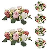 NUPTIO Small Candle Rings Wreaths - 6 Pcs 2.9 inch Inner Diam Dusty Rose & White Fake Roses Artificial Flowers Wedding Centerpieces for Tables Spring Summer Wreath for Front Door Weddings Party Decor