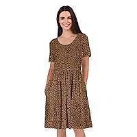 Women's Short Sleeve Empire Knee Length Dress Brown Animal Print