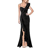 VFSHOW Womens Formal Prom One Shoulder Strap Ruched Ruffle Split Maxi Dress 2023 Sexy V Neck Wedding Guest Evening Long Gown