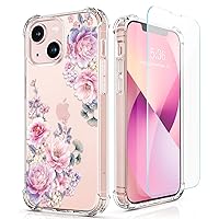 RoseParrot case for iPhone 13 with Screen Protector + Ring Holder + Waterproof Pouch, Clear with Floral Pattern Design, Soft&Flexible Bumper Shockproof Protective Cover (Abundant Blossom)