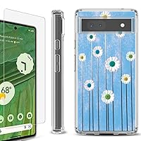 Shockproof Bumper Phone Case Compatible with Google Pixel 6a, with Tempered Glass Screen Protector - Daisy Sky