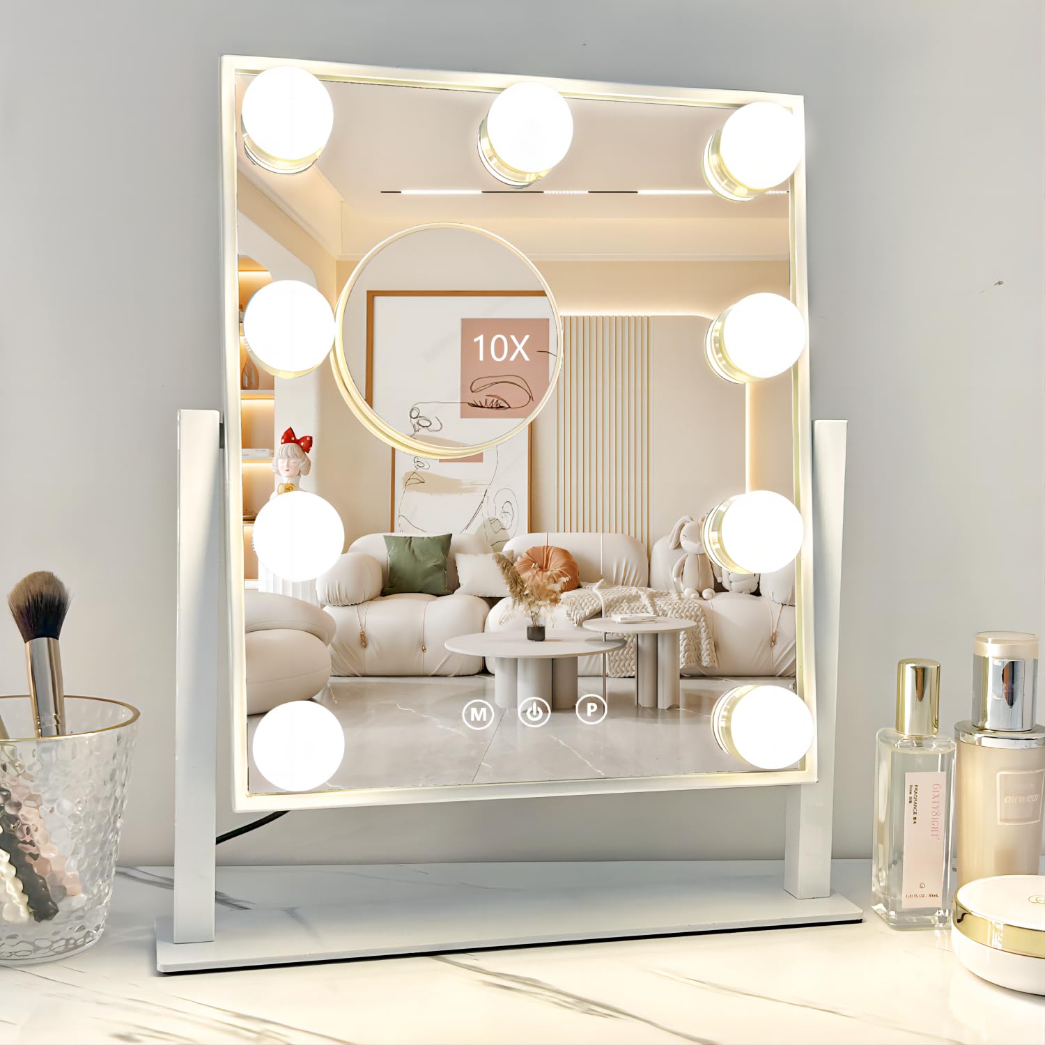 Acoolda Vanity Mirror with Lights, Hollywood Vanity Makeup Mirror with 9 Dimmable LED Bulbs, 3 Color Lighting Modes, Detachable 10X Magnification, 360°Rotation, 12 Inches (White)…