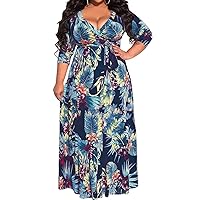 IyMoo Women's Plus Size V Neck 3/4 Sleeve Floral Printed Party Loose Long Maxi Dress with Belt
