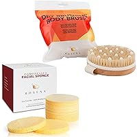 Massaging Dry Brushing Body Brush + Compressed Facial Sponges - Softer, Clearer, More Beautiful Skin Naturally