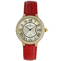 Peugeot Women's Round Tank Wrist Watch 14K Gold Plated with Roman Numerals, Calendar and Leather Band