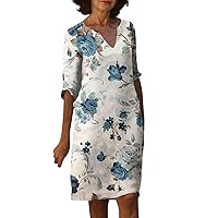 V Neck Dress for Women 2024 Summer Casual Trendy Loose Dress Half Sleeve Vintage Gradient/Floral Print Midi Dress