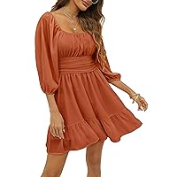 Hount Womens Casual Summer Dresses Square Neck Tie Back Smocked High Waist Ruffle Chiffon A-Line Babydoll Beach Mini Dresses