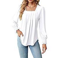 MNLYBABY Womens Square Neck Ruffle Shirts Spring Long Sleeve Tops Pleated Front Curved Hem Casual Loose Fit Blouse