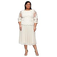 Alex Evenings Women's Plus Size Tea Length Lace Mock Dress