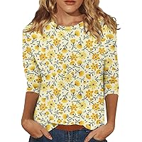 Boho Tops for Women Floral Print 3/4 Sleeve Casual Vintage Pretty Loose with Round Neck Summer Shirts